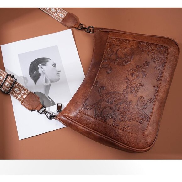 Vegan Leather Crossbody Bag with Embossed Flower Design Large Capacity Stylish - Picture 5 of 6